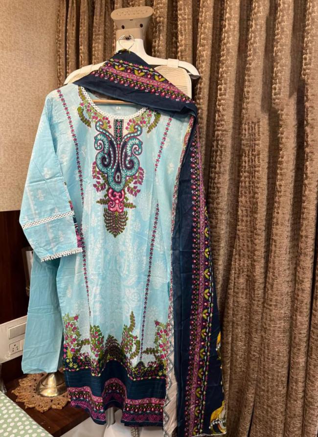 Cotton Sky Blue Traditional Wear Printed Readymade Pakistani Suit